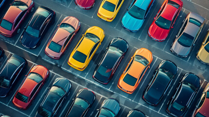 A parking lot with many cars, including a yellow one