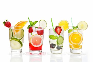 Four glasses of fruit juice with straws in them. The glasses are filled with different fruit juices and have different fruit slices on top - Powered by Adobe