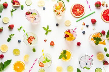 A colorful assortment of fruit drinks and garnishes are arranged on a white background. The drinks include orange juice, strawberry juice, and blueberry juice, all served in clear glasses with straws