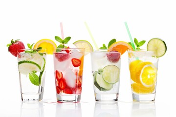 Four glasses of fruit juice with straws in them. The glasses are filled with different fruit juices and have different garnishes