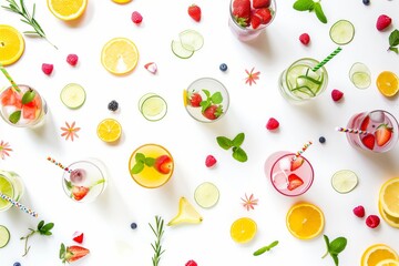 A colorful assortment of fruit drinks and fruit slices are arranged on a white background. The drinks include orange juice, strawberry lemonade, and other fruit-based beverages