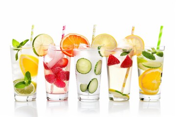 A row of six tall glasses filled with fruit and ice. The glasses are lined up next to each other, with the first glass on the left and the last glass on the right