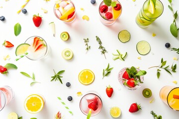 A colorful assortment of fruit drinks are arranged on a white background. The drinks include orange juice, strawberry juice, and other fruit juices. Concept of freshness and health