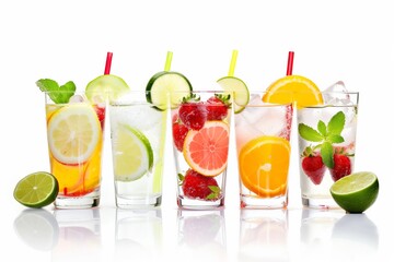 A row of glasses filled with fruit juice and ice. The glasses are lined up next to each other, with the first glass on the left and the last on the right. The juice is a mix of different fruits