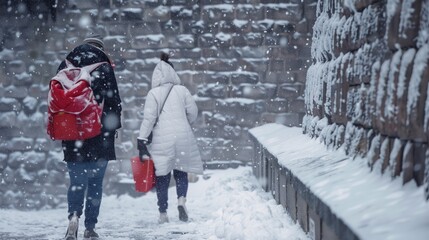 Two people walking in the snow, one of them carrying a red backpack. The snow is falling and the people are bundled up in warm clothing