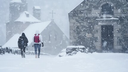 A couple walking in the snow with a red backpack. The snow is falling and the sky is cloudy