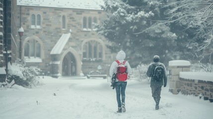 Two people walking in the snow, one of them wearing a red backpack. The scene is set in front of a building, which is likely a church. The snow is falling heavily, creating a serene