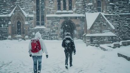Two people walking in the snow, one of them wearing a red backpack. The scene is set in front of a stone building