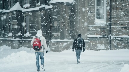 Two people walking in the snow, one of them wearing a red backpack. The scene is set in a snowy city, with a building in the background