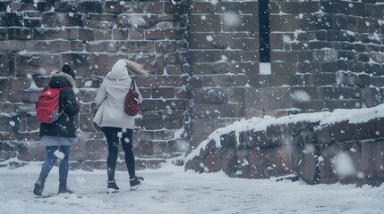 Two women walking in the snow, one wearing a red backpack. The snow is falling and the women are bundled up in winter gear