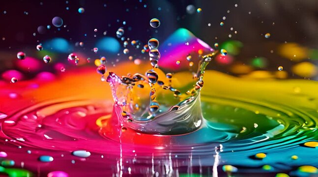 Splash of colorful drops of water, vivid and bright colors, motion graphic
