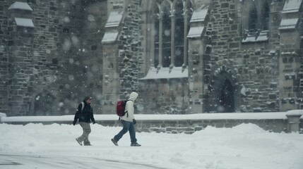 Two people walking in the snow, one of them wearing a backpack. The scene is cold and snowy, with the buildings in the background adding to the wintery atmosphere