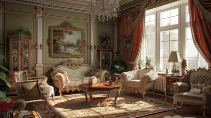 Baroque aristocratic style bedroom interior design in a luxury home.
 - obrazy, fototapety, plakaty