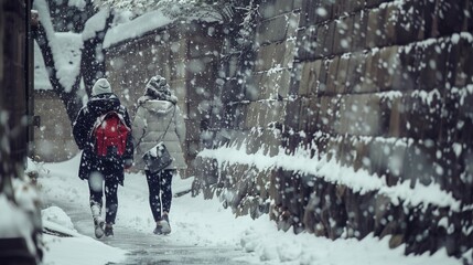 Two people walking in the snow, one of them wearing a red backpack, AI generated image