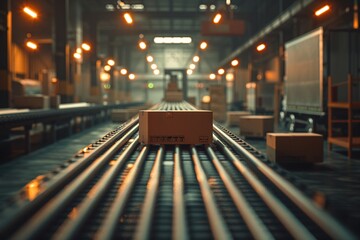Closeup of a conveyor belt with various sized boxes in a dimly lit warehouse, leading to an open truck dock, high detail - obrazy, fototapety, plakaty