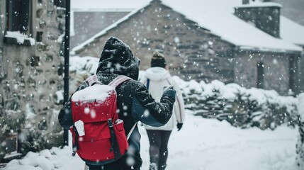 A man and a woman are walking in the snow, with the man wearing a red backpack. The scene is set in a rural area, with a stone house in the background