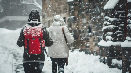 Two people walking in the snow, one wearing a red backpack. Scene is peaceful and serene, as the snow covers the ground and the people are enjoying the winter scenery