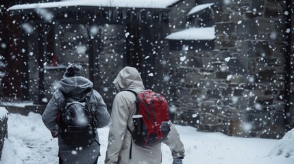 Two people walking in the snow, one of them wearing a backpack. Scene is calm and peaceful, as the snowflakes fall gently around them