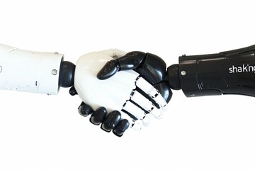 Two robots shaking hands. One robot is white and the other is black. The robot on the left is holding a black object