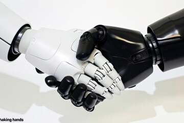 Two robot hands shaking hands. The robot on the left is white and the robot on the right is black