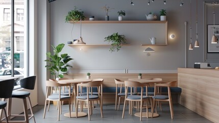 Minimalist cafe in loft style , table bar AI generated