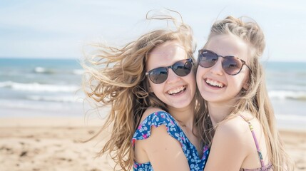 Two girls are smiling and hugging on a beach. They are wearing sunglasses and are enjoying the sun