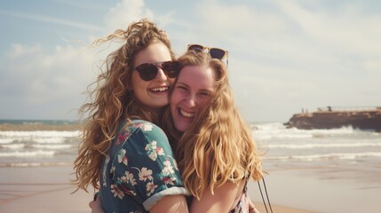 Two women are smiling and hugging on a beach. Scene is happy and carefree