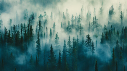 A forest with trees covered in mist - obrazy, fototapety, plakaty
