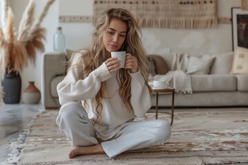 A woman is sitting on the floor with a cup in her hand. She is wearing a white sweater and white pants