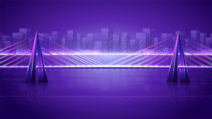 Bridge over the river on city background. High concrete bridge at night horizontal illustration.