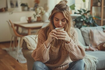 A woman is sitting on a couch and drinking a cup of coffee. She is wearing a sweater and has her hair in a bun. The room has a cozy and comfortable atmosphere