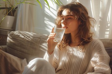 A woman is sitting on a couch and drinking water. She is wearing a white sweater and has long hair