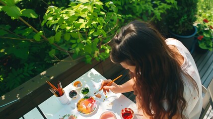A woman is painting on a table with a variety of colors and brushes. She is creating a colorful and vibrant piece of art