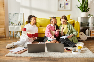 Three young women, representing different races, work on laptops together in a cozy setting,...