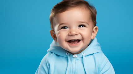 Portrait of a laughing little baby in a blue jacket isolated over blue background.