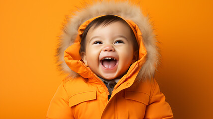 Portrait of a laughing little baby in an orange jacket isolated over orange background.