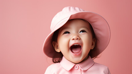Portrait of a laughing little girl in a pink jacket and fur hood isolated over pink background.