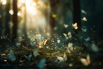 Fotobehang Serene scene of butterflies flying in a sunlit forest with magical bokeh lights © Татьяна Евдокимова