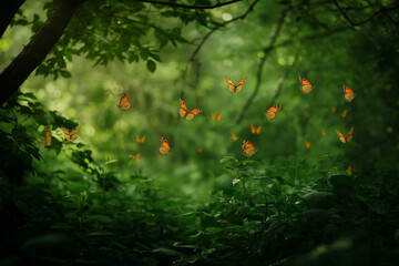 Tranquil scene of vibrant butterflies fluttering in a serene green woodland glade with soft lighting - obrazy, fototapety, plakaty