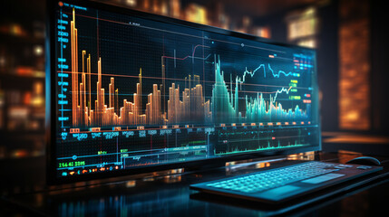 Financial chart on computer screen with a city skyline blurred background. Financial data indicators on a monitor, precisionist lines and shapes, projection mapping.