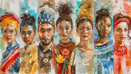 watercolor portraits showcasing the traditional clothing of different cultures, with each figure reflecting their cultural heritag