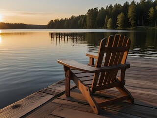 A weathered wooden bench sits by a calm lake at sunrise, with a clear blue sky and trees reflecting in the still water