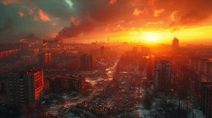 City in Flames at Sunset - obrazy, fototapety, plakaty