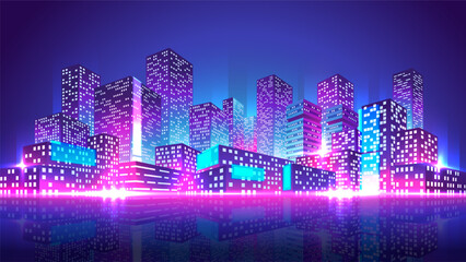 Shining neon metropolis horizontal illustration. Night city with skyscrapers buildings in perspective.