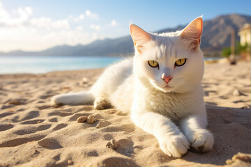 Obraz premium White cat lounging on a sandy beach