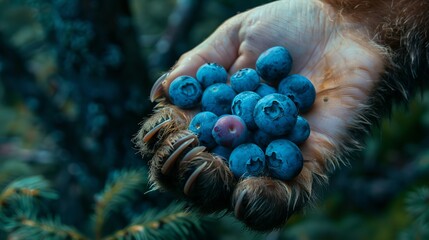 paw holding a pile of blueberries, overhead view - obrazy, fototapety, plakaty