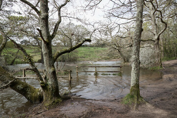 flooded bridge and footpath in the River Hamble country park Hampshire England at high tide