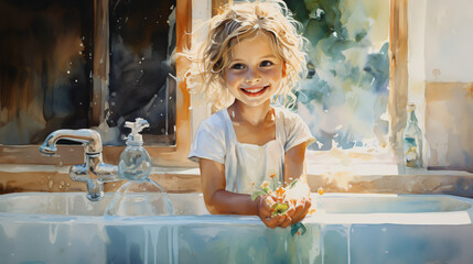 Baby in a bubbly bath, giggles abound as soap bubbles dance in their hair.