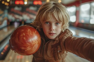 Fototapeta na wymiar Selfie of child holding a bowling ball on the bowling lane