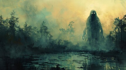 Spooky apparition lurking in the murky bog of the dark ooze, created using digital painting techniques and vibrant illustrations
